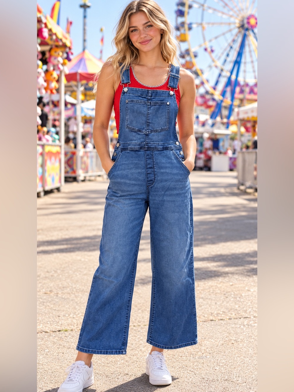 Sonoma Denim Wide Leg Cropped Overalls L + Gloria Vanderbilt Red Tank M